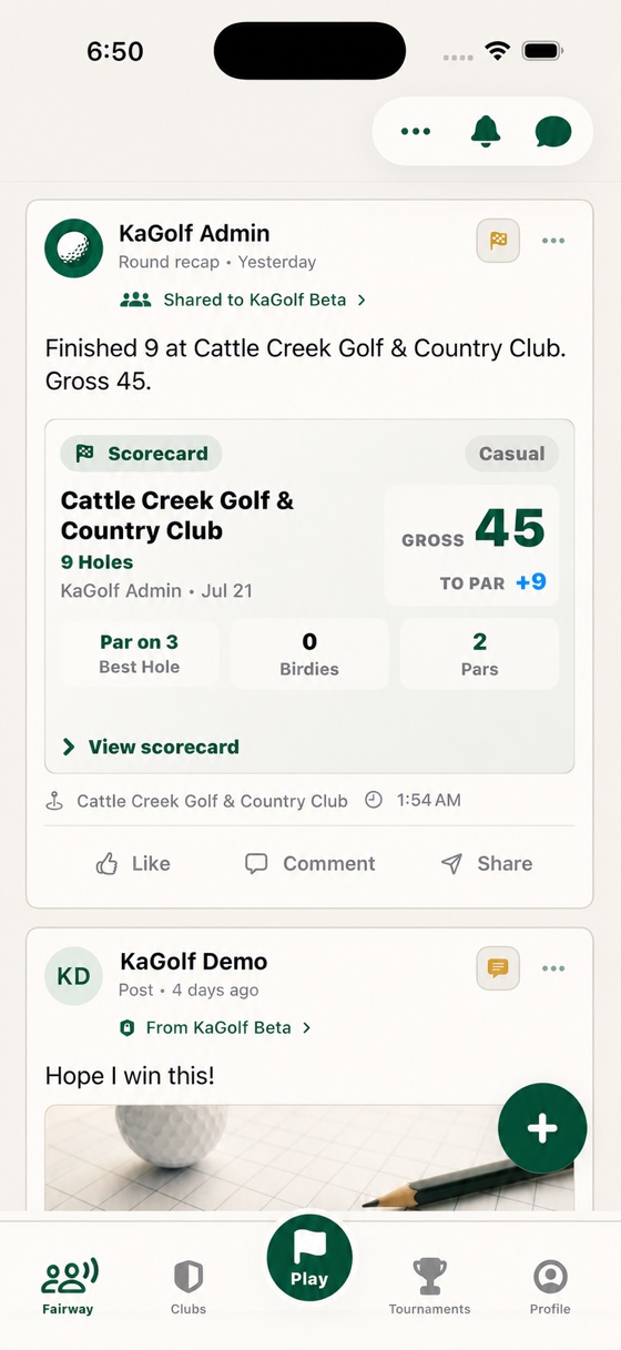 KaGolf round recap showing a demo nine-hole scorecard result